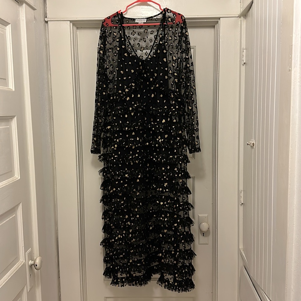 Never Fully Dressed Black Sheer Midi Dress with Gold Heart Accents
